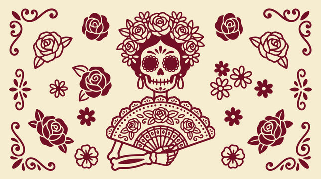 A decorative dia de los muertos icon vector bundle featuring a elegant sugar skull lady with flowers and ornate patterns