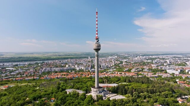 Ruse TV Tower And City Panorama Aerial Drone View Rousse Bulgaria High Communication Tower Danube River Background Summer Tourism Landmark Journey Natural Landscape
