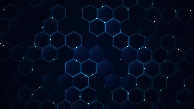 Abstract dark blue background with glowing hexagonal pattern and digital connection points.