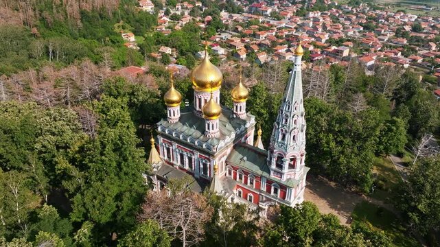 Shipka Memorial Church Aerial Drone View Orthodox Church Golden Domes Historic Memorial Temple Birth Of Christ Stara Planina Shipka Bulgaria Forest Landmark Summer