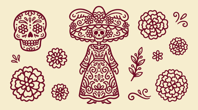 Decorative hand drawn dia de los muertos icon vector bundle featuring traditional sugar skulls and floral elements for cultural design