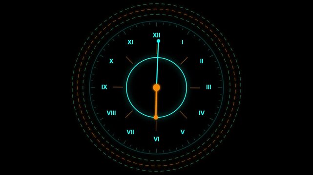 A digital clock display featuring Roman numerals on a dark background with a glowing neon circular HUD interface. This futuristic motion graphic element rotates and cycles with bright light animations