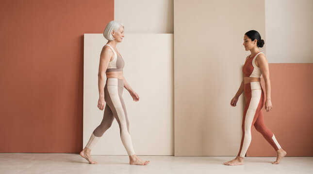 Two women in activewear walk toward each other across a geometric studio set