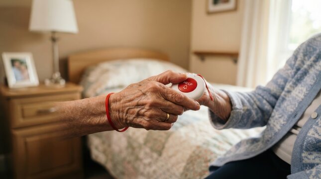 senior citizen holding a personal emergency response system button for safety in a bedroom setting 2