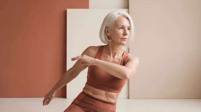 Senior woman twists through a dynamic yoga pose in a terracotta geometric studio
