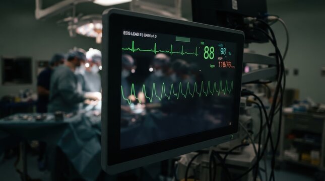 Medical monitor displaying vital signs in a busy operating room with surgeons in the background medi
