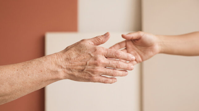 Close-up of two generations of hands reaching toward each other in warm studio light