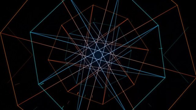 Abstract geometric background with glowing lines forming a complex symmetrical star pattern on black.