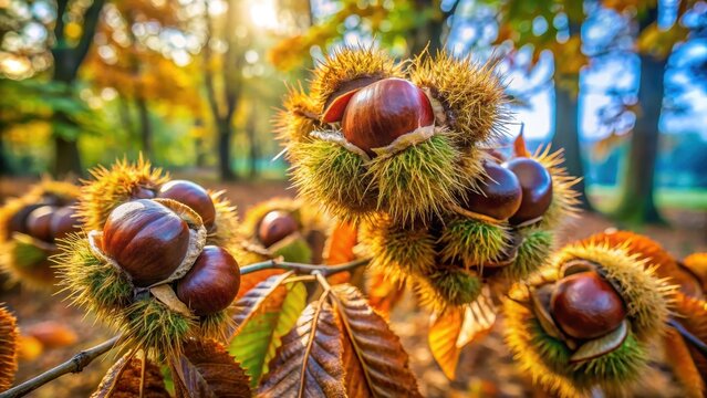 Chestnut tree branches heavy with ripe brown chestnuts on a winter morning in the forest, forest, winter