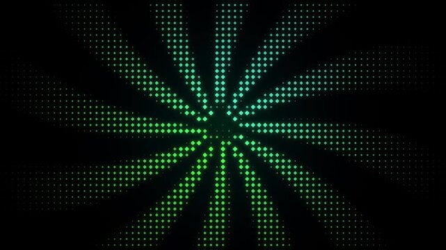Abstract digital background with glowing green square pixels forming a radial sunburst pattern.