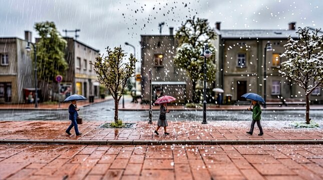 雨と雪が同時に降る冬の街を歩く人々