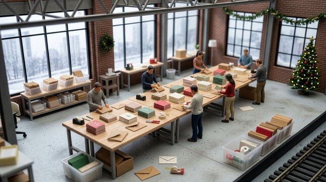 クリスマスカードを梱包する作業場の人々
