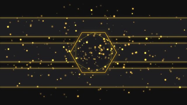 Abstract golden hexagon frame with glowing particles on a dark background
