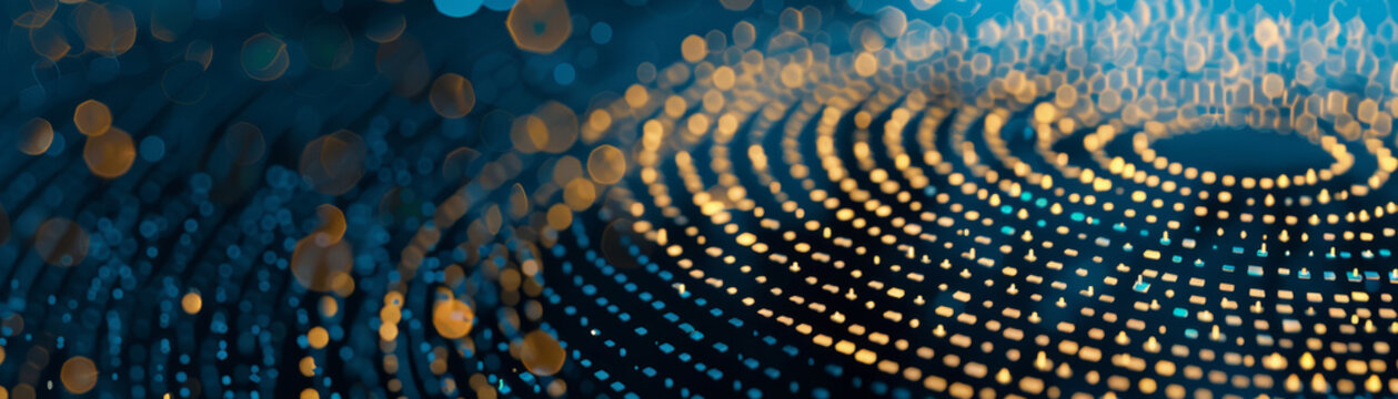 Neural network in the form of a Dharmachakra wheel, symbolizing the flow of infinite data and bytes through advanced technology, with deep blues and gold accents creating a cosmic energy effect.