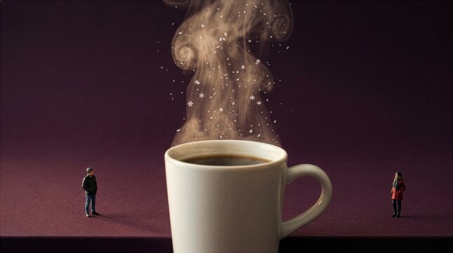 雪の結晶が舞う温かいコーヒーとミニチュアの二人