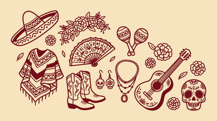 Fototapeta premium Hand drawn set of traditional mexican cultural elements for a creative dia de los muertos icon vector bundle illustration