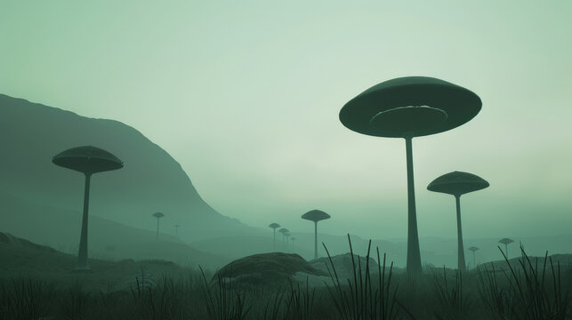 Alien world with vast rocky plains, bioluminescent plants, and strange creatures wandering under a green sky. Essence of extraterrestrial exploration and mysterious adventures in unknown environments.