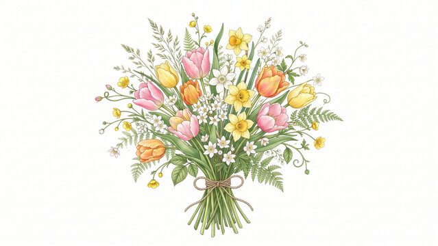 Hand-drawn style vector illustration of a spring meadow flower bouquet featuring pink and yellow tulips daffodils and grass stems tied with twine.
