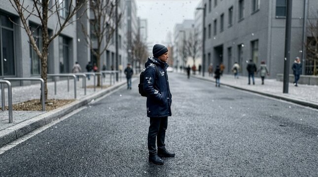 雪が舞う冬の街路に立つ男性