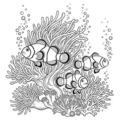 Fototapeta premium Clownfish Swimming in Anemone Underwater Scene - Black and White Illustration