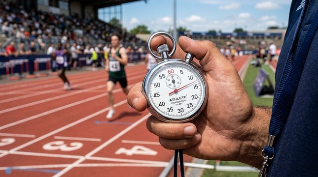 Official holding analog stopwatch at track and field race competition