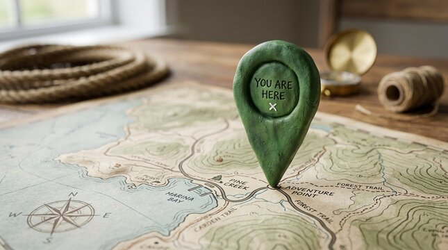 Green location pin on a vintage adventure map with travel gear