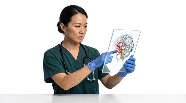 Female doctor in medical scrubs using a transparent holographic tablet to analyze a 3D human brain model for neurosurgery planning and healthcare diagnostics