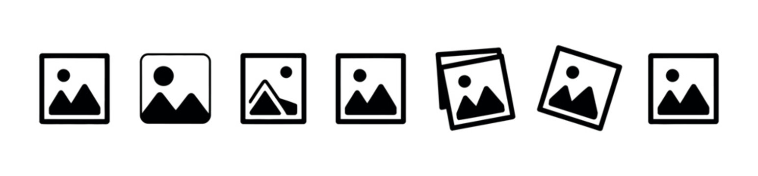 Image frame icon set. Picture gallery symbol. Simple pictogram for photo album, media library, image placeholder, snapshot preview, user interface design.