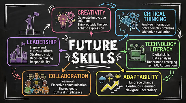 Comprehensive Visual Guide to Future Skills Emphasizing Creativity Critical Thinking Technology Adaptability Leadership and