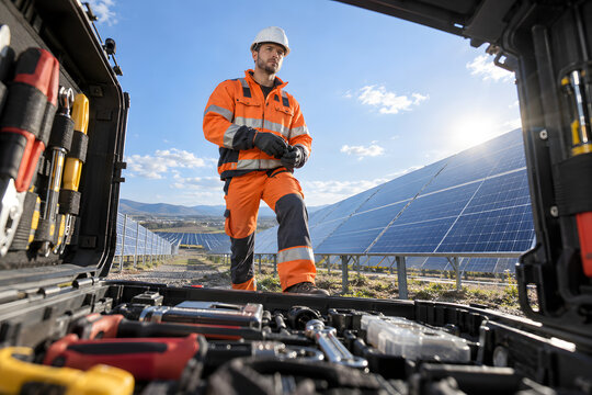 Maintenance toolbox frames a technician inside a utility-scale solar farm.