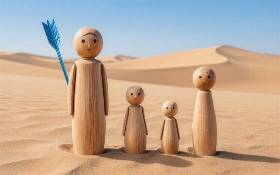 Wooden family stands in desert, one holds blue arrow under clear sky.