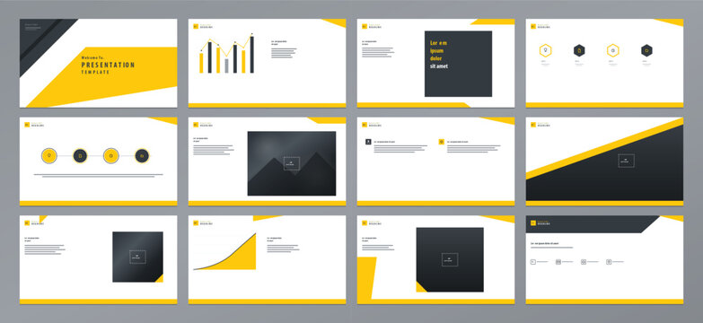 A presentation template featuring slide layout business graph chart design page deck corporate structure modern yellow
