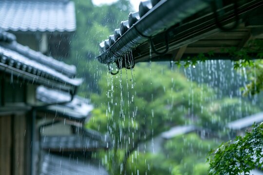 雨水が瓦屋根の軒から勢いよく流れ落ちる梅雨の季節