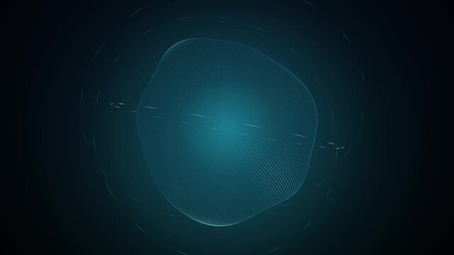 Abstract glowing cyan particle sphere morphing and deforming smoothly with orbiting rings seamless loop animation