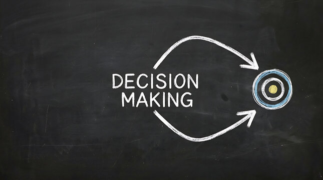 Conceptual Illustration of Decision Making Process Demonstrated on Chalkboard highlighting analysis and strategic choices