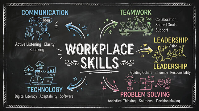 Workplace Skills Visualization Depicting Communication Teamwork Leadership and Problem Solving Concepts in a Creative Chalkboard