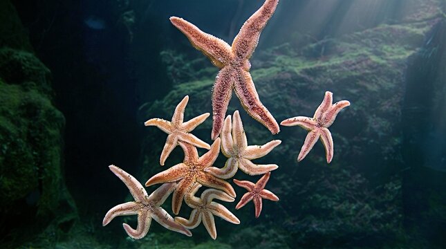 Floating starfish against mossy rocks in dark water.