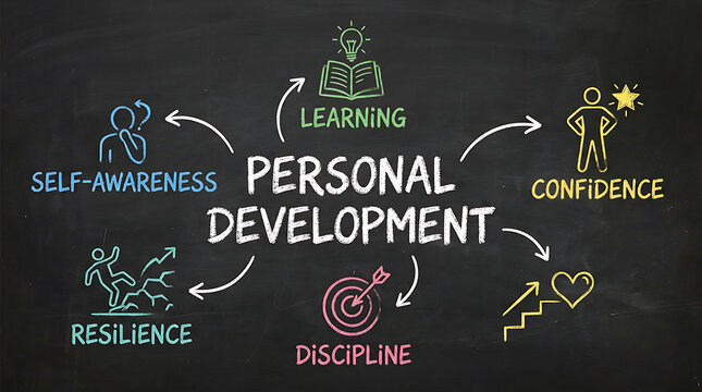 Comprehensive depiction of personal development elements including confidence discipline and resilience in a creative chalkboard