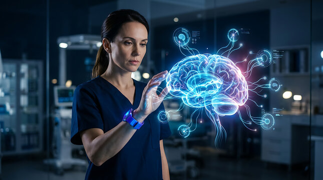 Innovative healthcare professional interacting with a digital brain interface in a modern medical environment