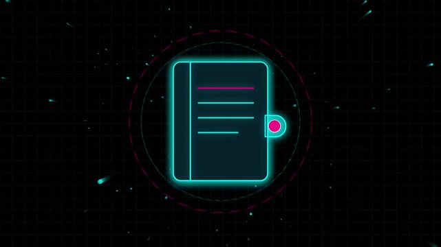Neon glowing digital notebook icon representing data storage and organization