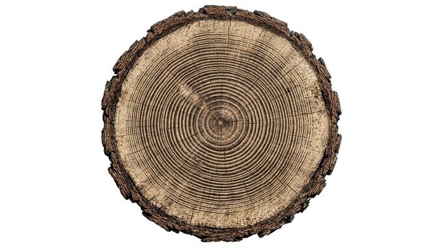 Cross section of a tree trunk with annual rings on white background
