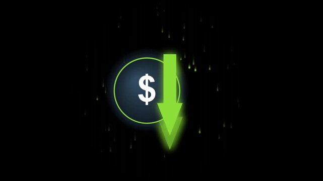 Green arrow pointing down over a dollar sign icon on a black background