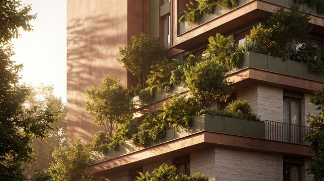 sustainable architecture, a sustainable skyscrapers facade adorned with lush greenery in morning light