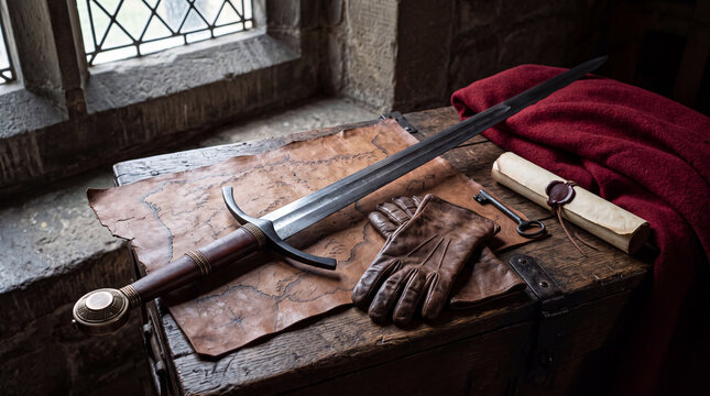 Medieval longsword leather gloves and rolled parchment on a rustic wooden castle table.