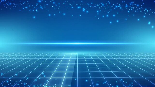 Abstract digital landscape with glowing blue grid and floating particles