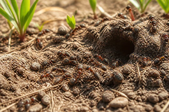 Ants are swarming around a mound in dry, sandy soil outdoors.