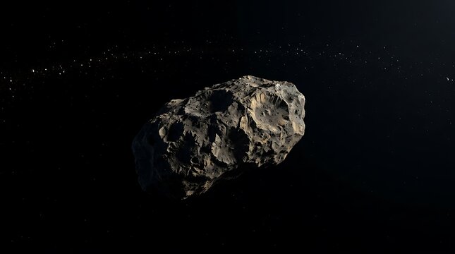 A large rocky asteroid drifting through deep space in a vast asteroid belt with distant star clusters in background