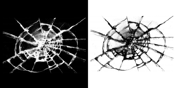 Detailed radial glass fracture with circular impact pattern and sharp radiating lines for accidental breakage or vandalism concept.