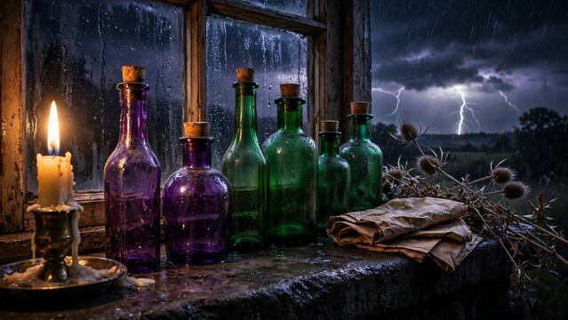Antique purple and emerald glass potion bottles with blank labels on a rain-streaked stone windowsill during a lightning storm, lit by warm candlelight