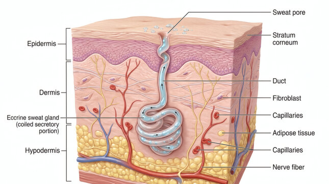 Anatomical cross section of human skin showing sweat gland and layers
